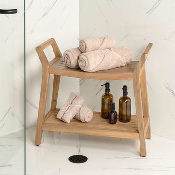 Orla 25.6" Modern Classic Slatted Solid Acacia Wood Indoor/Outdoor Shower Bench with Shelf and Handle
